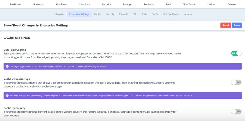 Cloudflare Enterprise Settings Screen